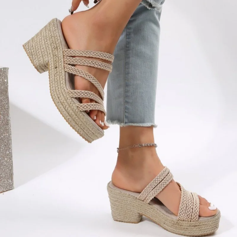 

New Women's Shoes Summer Roman Hemp Open Toe Platform Women's Slippers Outdoor Heeld Mules Casual Ladies Slippers Female Sandals