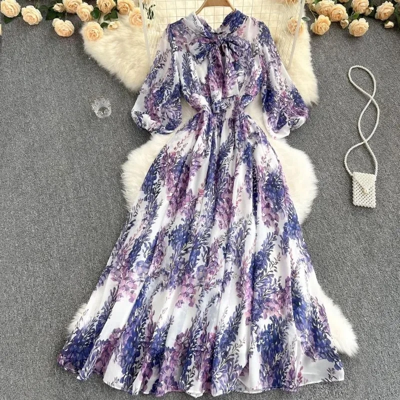 

Vintage Purple Flower Print Long Dress Spring Summer Women Elegant Vestidos Stand Collar Bow Lace-up Puff Sleeve Ladies Dresses
