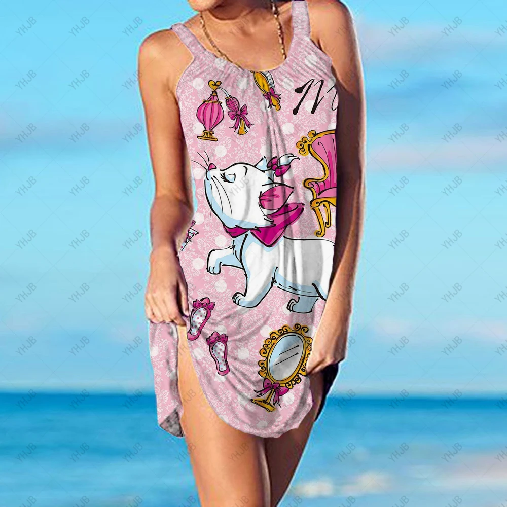 

2022 Summer Disney Mary Cat Short Beach Dress Women Fashion Sexy Sleeveless Cute Cartoon Print Hem Loose Beach Skirt Vacation