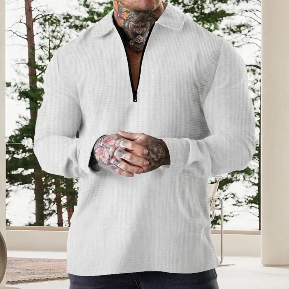 

Men T-shirt Lapel Zipper Neckline Long Sleeve Top Solid Color Waffle Texture Loose Shirt Gym Fitness Tops