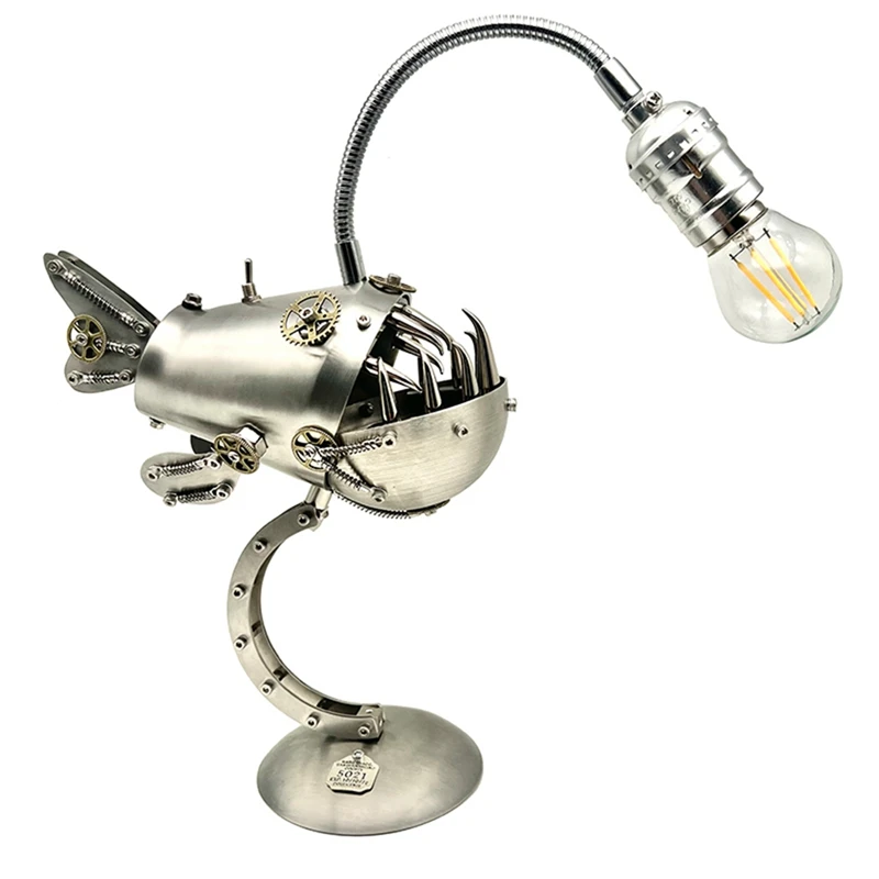 

Manual Assembling Stainless Steel Steampunk Mechanical Ankang Fish Lamp Home Bedroom Table Lamp Bar Desk Lamp US Plug