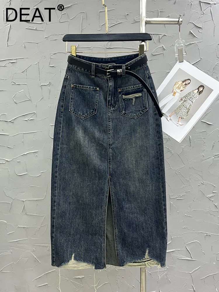 

Женская джинсовая юбка с разрезом DEAT, однотонная рваная прямая Длинная юбка с высокой талией, 29L3225, осень 2023