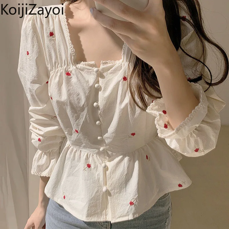 

Милая женская рубашка Koijizayoi с длинным рукавом и квадратным воротником, модная женская блузка на весну и осень, шикарные корейские блузки с цветами для девочек, 2022