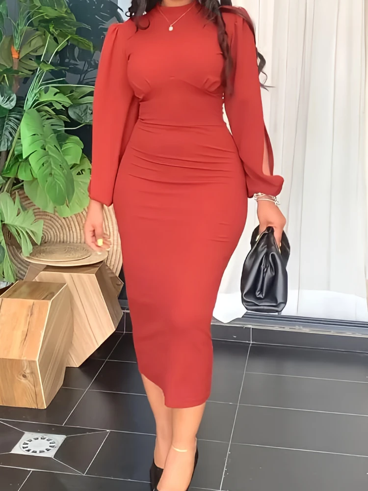 

Women Bodycon Dress High Waist Long Slit Sleeves Elegant Office Ladies Package Hip Classy Modest Large Size Spring Fashion Gowns