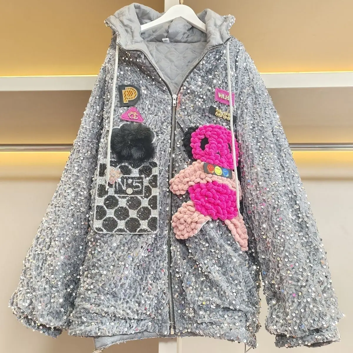 Trendy 2022 New Autumn Winter Women Wadded Jacket Cute Bear Hooded Quilted Coat Diamond Sequins Long Sleeve Loose Cotton-padded