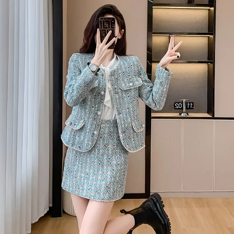 

Small Fragrance Autumn Winter 2 Piece Set Women Beaded O-neck Tweed Jacket Coat+Pencil Mini Skirt Set Women Two Piece Outfits
