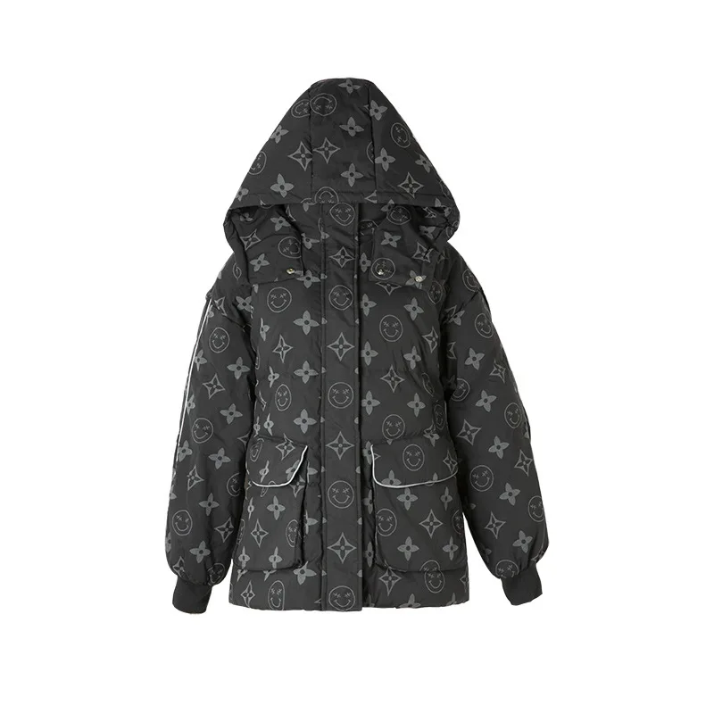 2022 New Printed Reflective Fashion Cute Down Padded Jacket Women's Short Loose Hooded Luminous Jacket