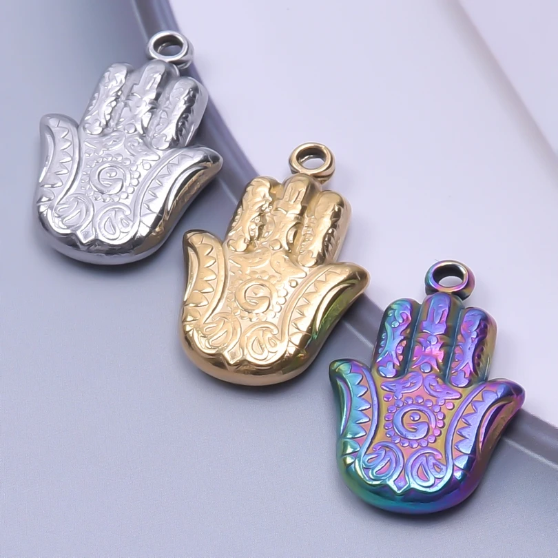 

6pcs/lot HAMSA Gold Color Stainless Steel Hand Retro Totem Punk Pendant for Jewelry Making diy Men Necklace Craft Charm Mixed