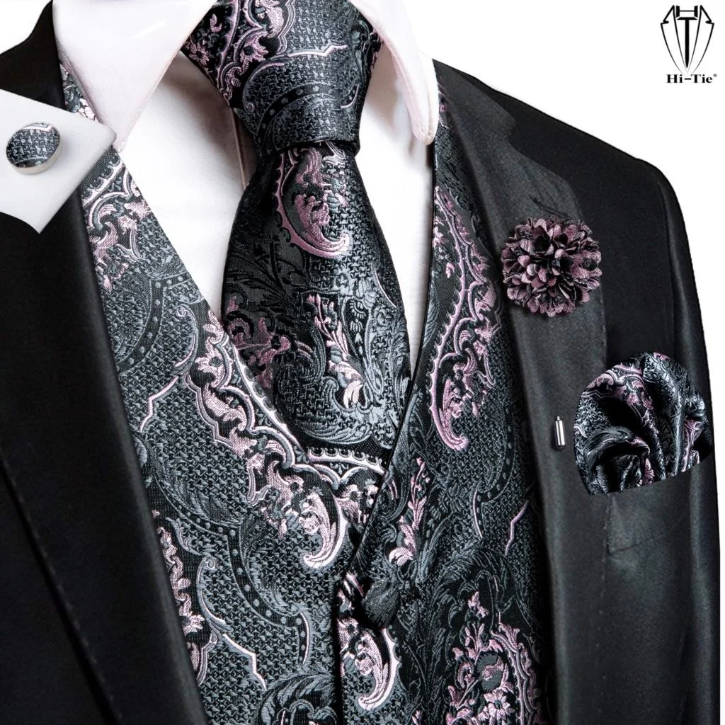 

i-Tie i Quality Silk Mens Vests Pink ray Floral Waistcoat Tie anky Cufflinks Brooc Set for Men Suit Weddin Office ift