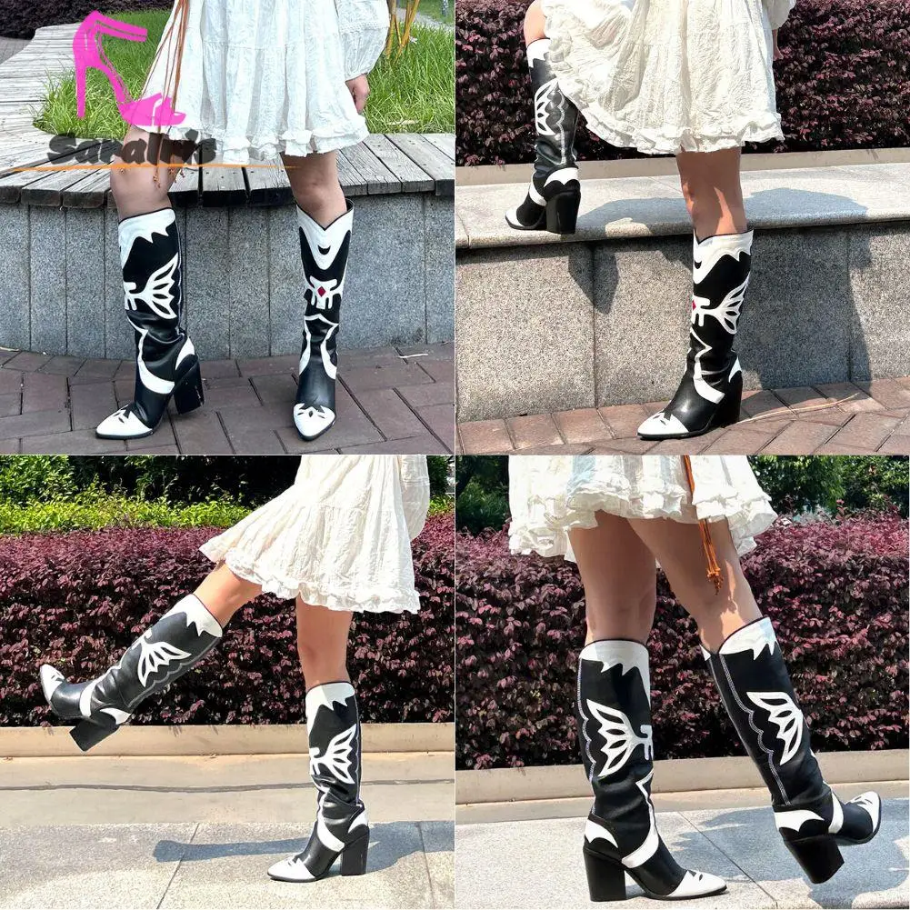 Retro Style Vintage Western Women Boots 2023 Winter Autumn Pointed Toe Patchwork Knee-high Boots Dress Long Boots Comfy Walking