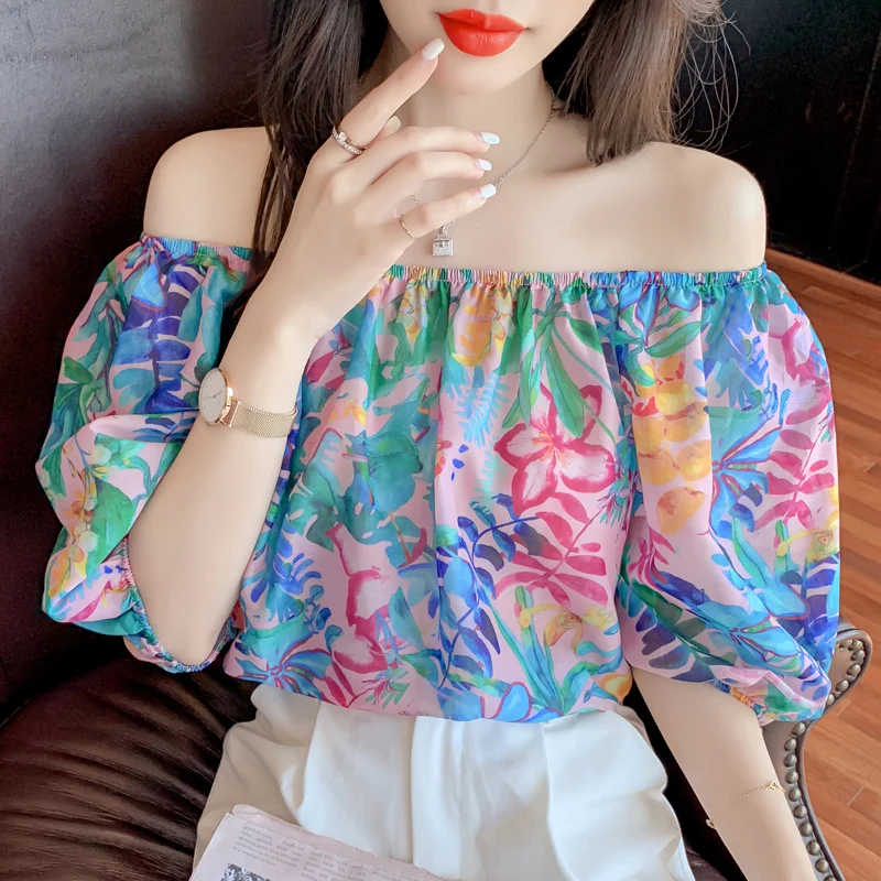

COIGARSAM Blouse Women Summer 2022 Sexy Floral Print Chiffon Blusas Womens Tops And Blouses Dropshipping