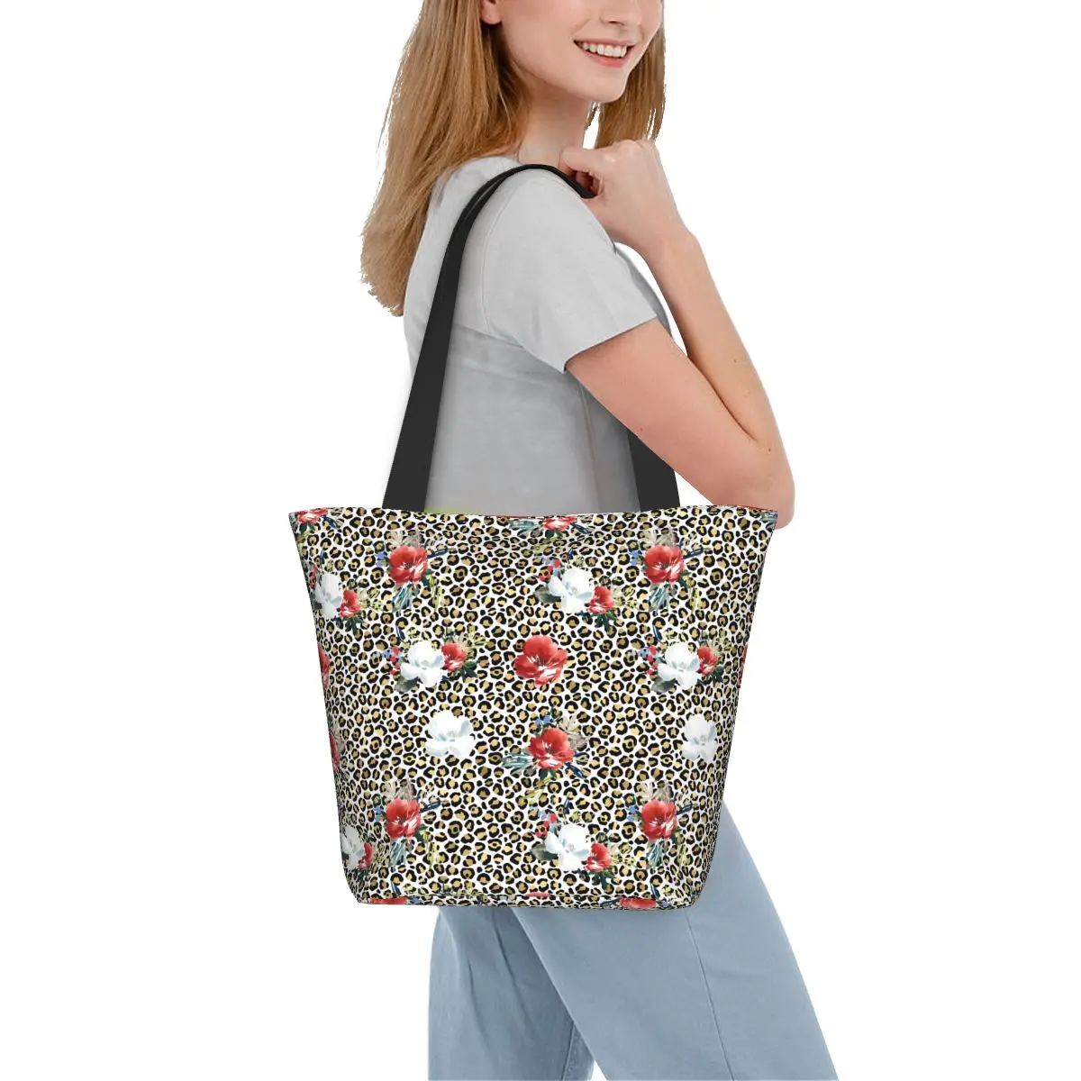 

Сумка-шоппер с цветочным леопардовым принтом, женская сумочка-тоут с графическим дизайном, забавная тканевая пляжная сумка для покупок