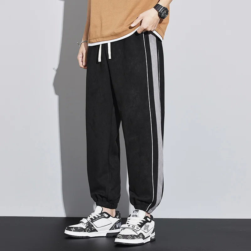 

Брюки мужские из искусственной замши, свободные спортивные штаны для бега, на шнуровке, уличная одежда в стиле Харадзюку, весна