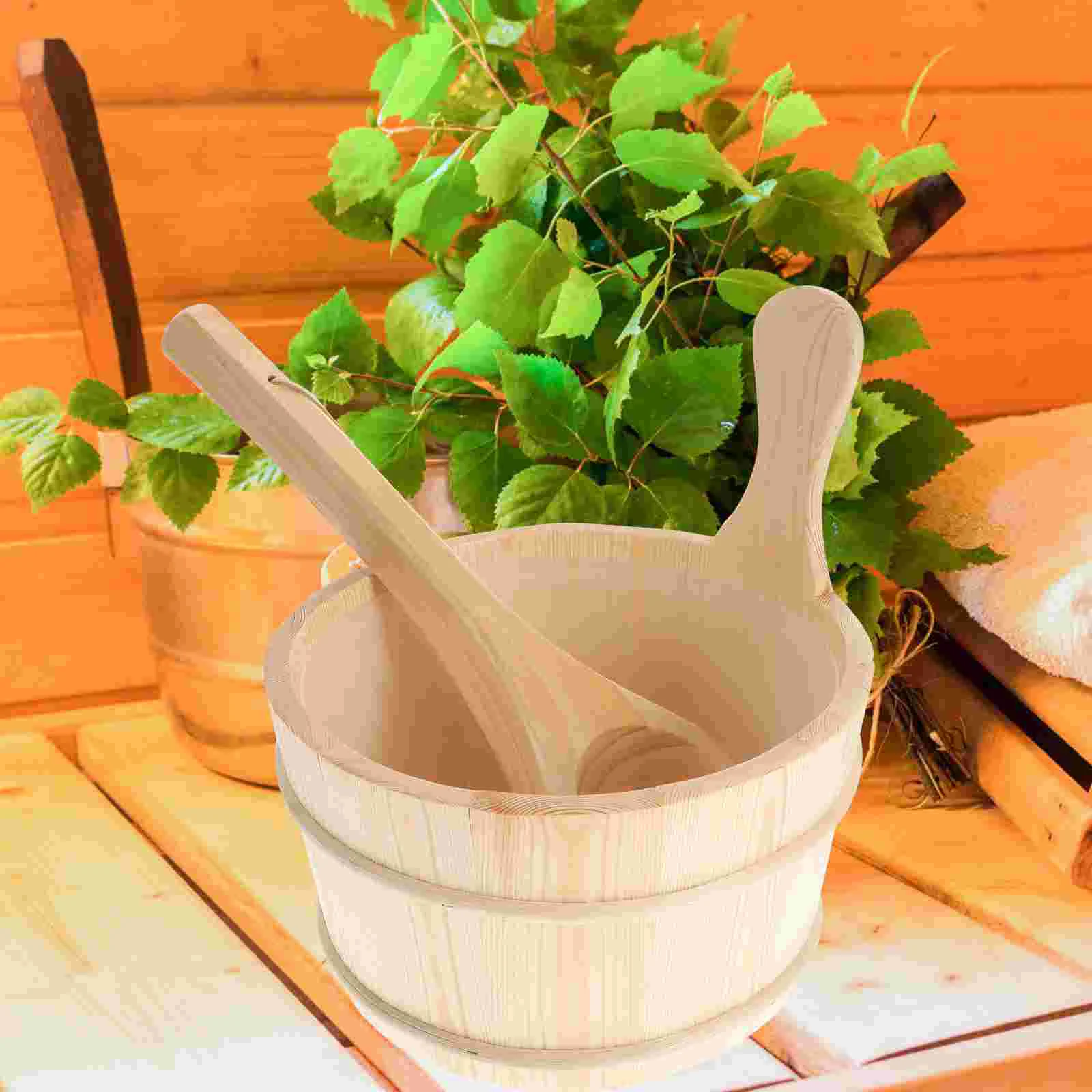 

2 wooden pail Sauna Bucket and Ladle Set for Sauna Bath Shower Wooden Bucket Spa Steam Water Accessories for sauna ladle