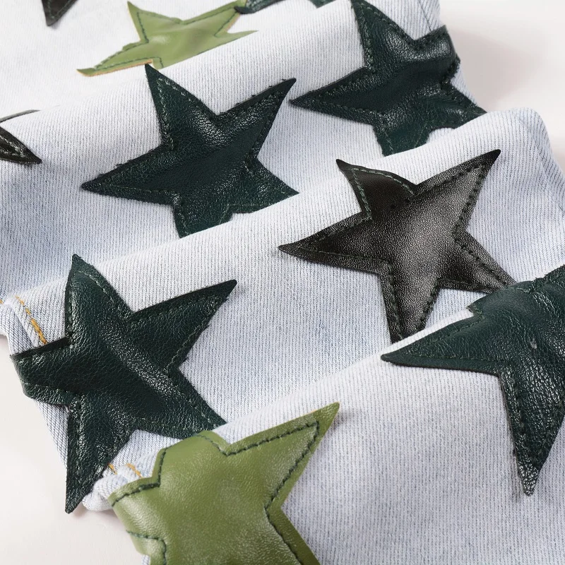 Y2k Ripped Jeans for Men Blue Distressed Skinny Stretch Leather Pentagram Appliques Baggy Denim Pants Streetwear Dropshipping