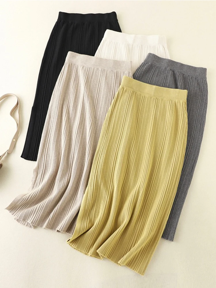 

SURMIITRO 2022 Autumn Winter Korean Fashion Thick Warm Knit Midi Long Pleated Skirt Women High Waist Pencil Skirt Female