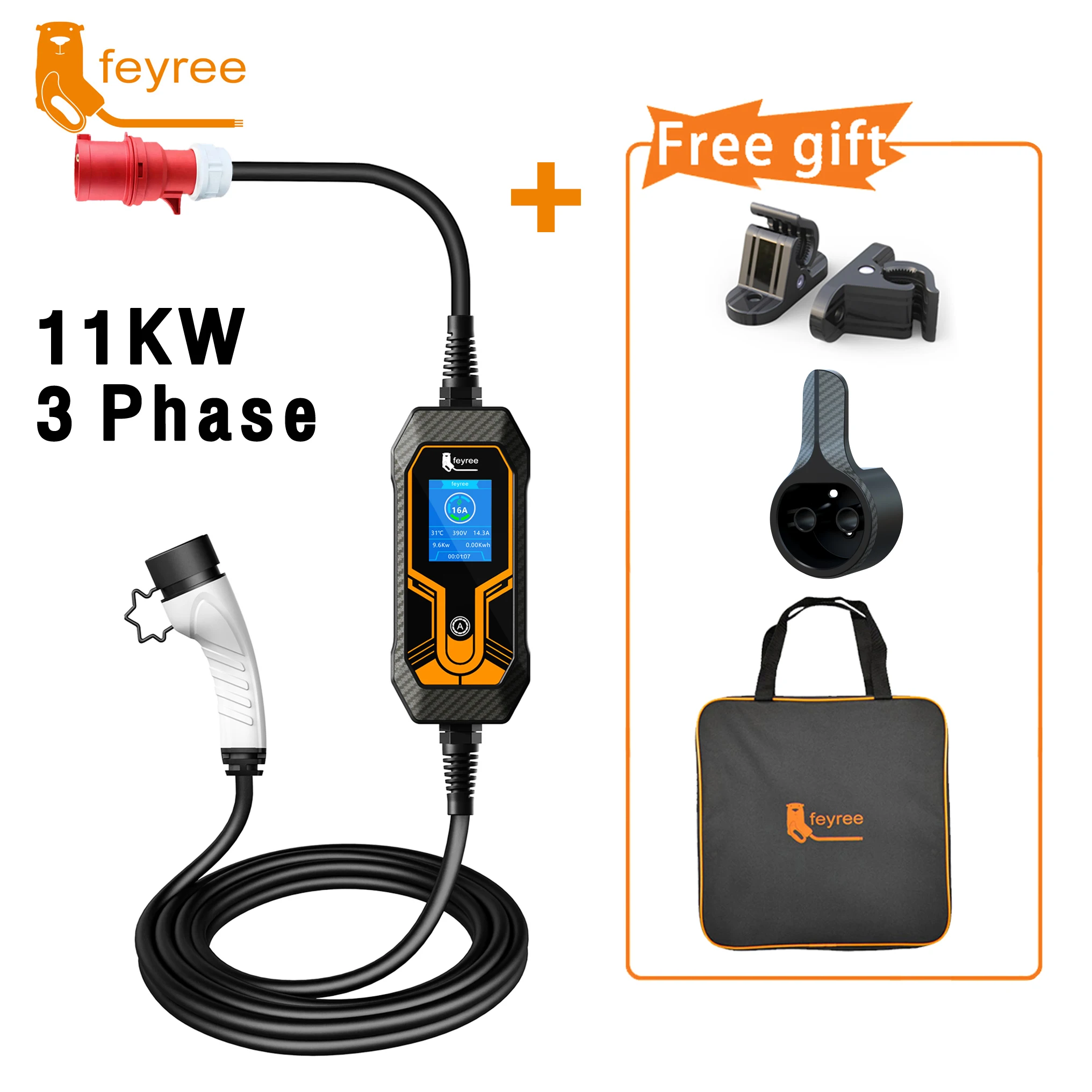 

feyree Portable EV Charger Type2 5m Cable 11KW 3 Phase EVSE Charging Box 32A 7KW 16A 3.5KW Schuko Plugfor Electric Car Charger