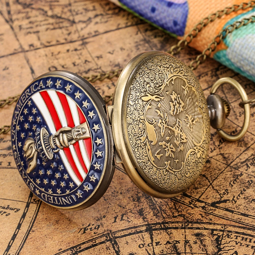 Bronze Big Pocket Watch American Torch Logo Collectible Souvenir Gift Quartz Pocket Watch Pedent Fob Chain Vintage Watch Man