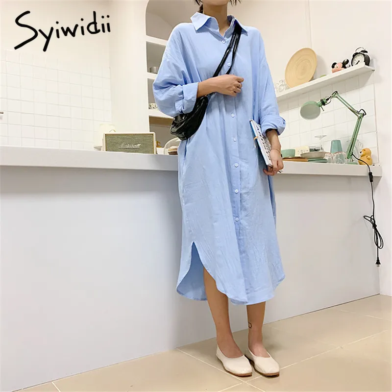 Syiwidii White Shirt Dress for Women Linen Cotton Clothing 2022 Spring Summer Casual Vintage Oversized Pure Long Midi Dresses | Женская