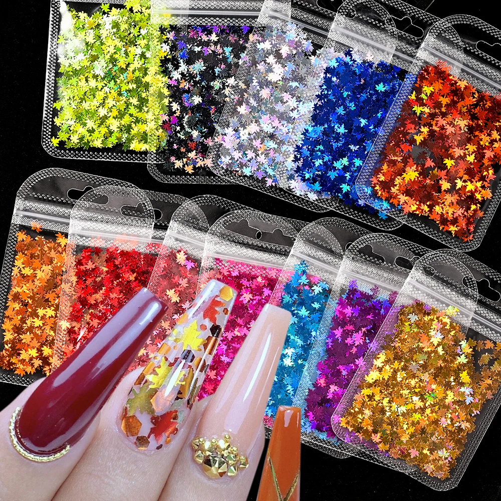 

50g/bag Holographic Maple Leaf Sequins Nails Art Glitters Laser Leaves 3D Silver Gold Paillette Polish Manicure Decorations