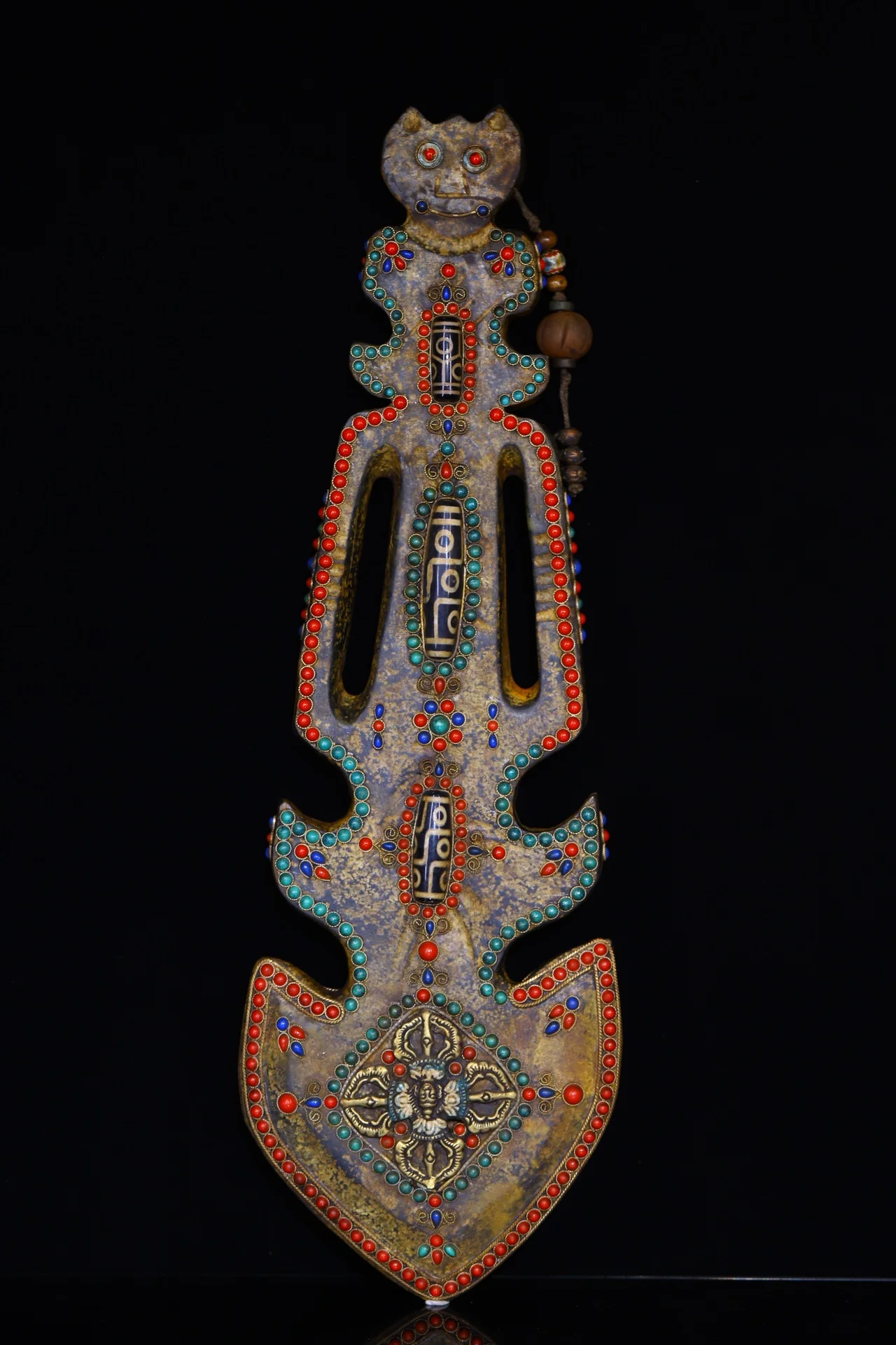 

17" Tibetan Temple Collection old natural meteorite gem Dzi Beads animal head sword shape magic weapon pendant Amulet Town house