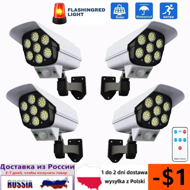 Outdoor Solar Light Motion Sensor Security Dummy Camera Wireless Flood Light IP65 Waterproof 77 LED Lamp 3 Mode For Home Garden