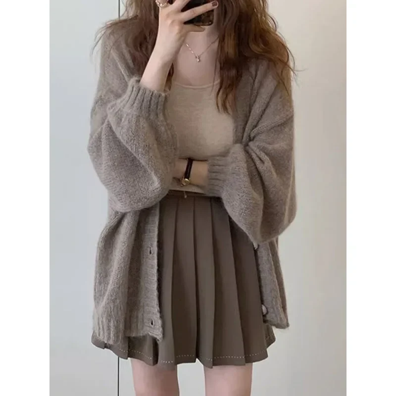 Женский вязаный кардиган мягкий Свободный кофейного цвета тонкий пуловер