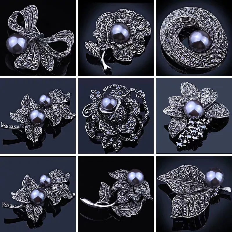 Trendy High Grade Black Pearls Brooches For Women Vintage Charm Jewelry Party Wedding Gifts Inlaid Rhinestone Flower Brooch Pins