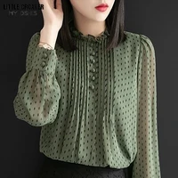 women spring autumn style chiffon blouses shirts lady casual long sleeve o neck polka dot printed chiffon blusas tops dd8879
