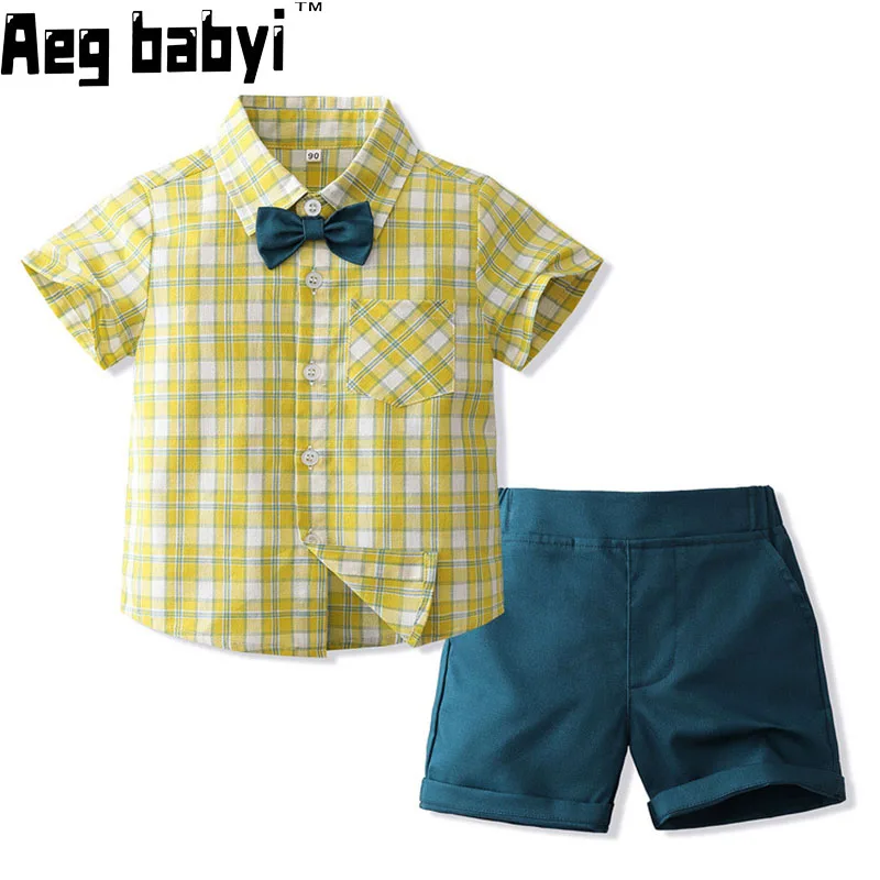 

Комплект одежды для маленьких мальчиков, летняя одежда, клетчатая рубашка с бантом и короткими рукавами + шорты, джентльменские костюмы для мальчиков из 2 предметов