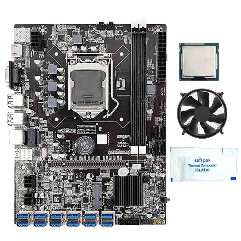 B75 BTC Mining Motherboard With G350/G630 CPU+Thermal Grease+Cooling Fan 12 USB3.0 To PCIE1X Slot LGA1155 DDR3 RAM SATA3