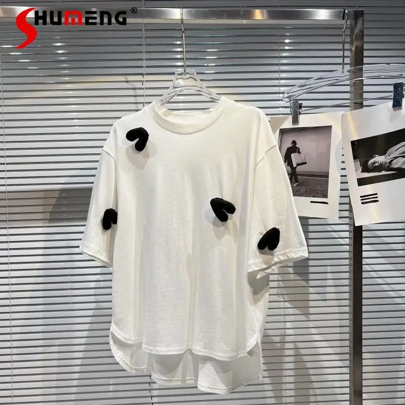 

Женская футболка с асимметричным подолом, белая свободная футболка из хлопка с 3d-украшением и круглым вырезом, весна-лето 2022