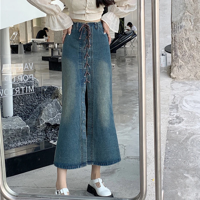 

WeiYao Y2K Denim Midi Skirts Womens Retro Aesthetic Eyelet Tie Up Korean Skirt Preppy Style Vintage High Waist Skirt Traffy