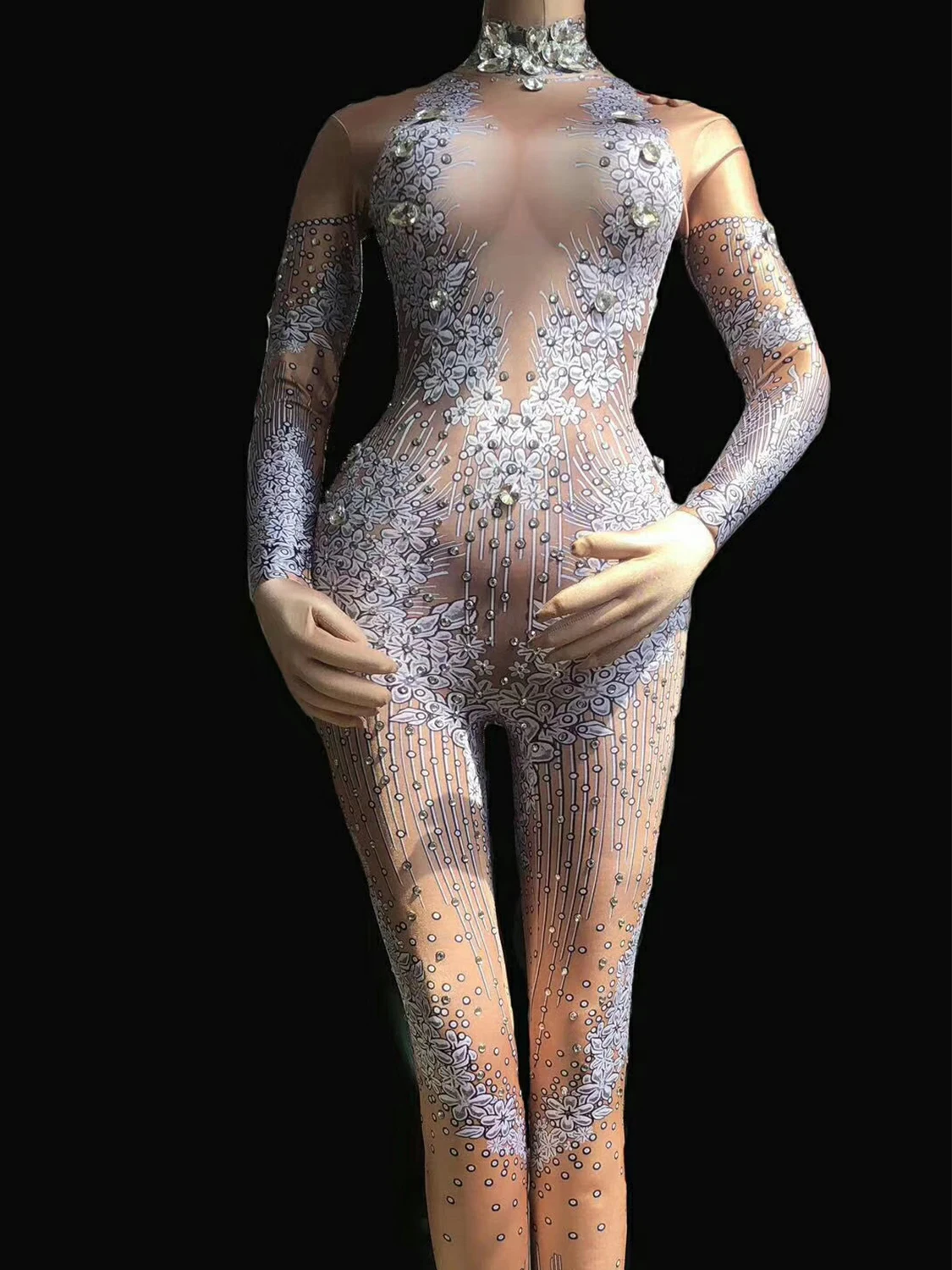 

Long Sleeve Floral Print Shining Rhinestones High Neck Leotard For Women Jumpsuits Nightclub DJ Prom Dance Wear Stage Costume