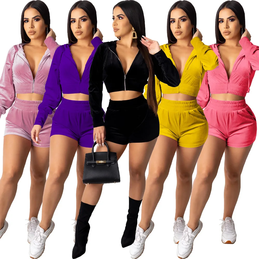

Velvet Women Tracksuits Outfits Velour Long Sleeve Hoodie Jacket+shorts Running Jogger Fitness Workout Casual Set Sport Suit