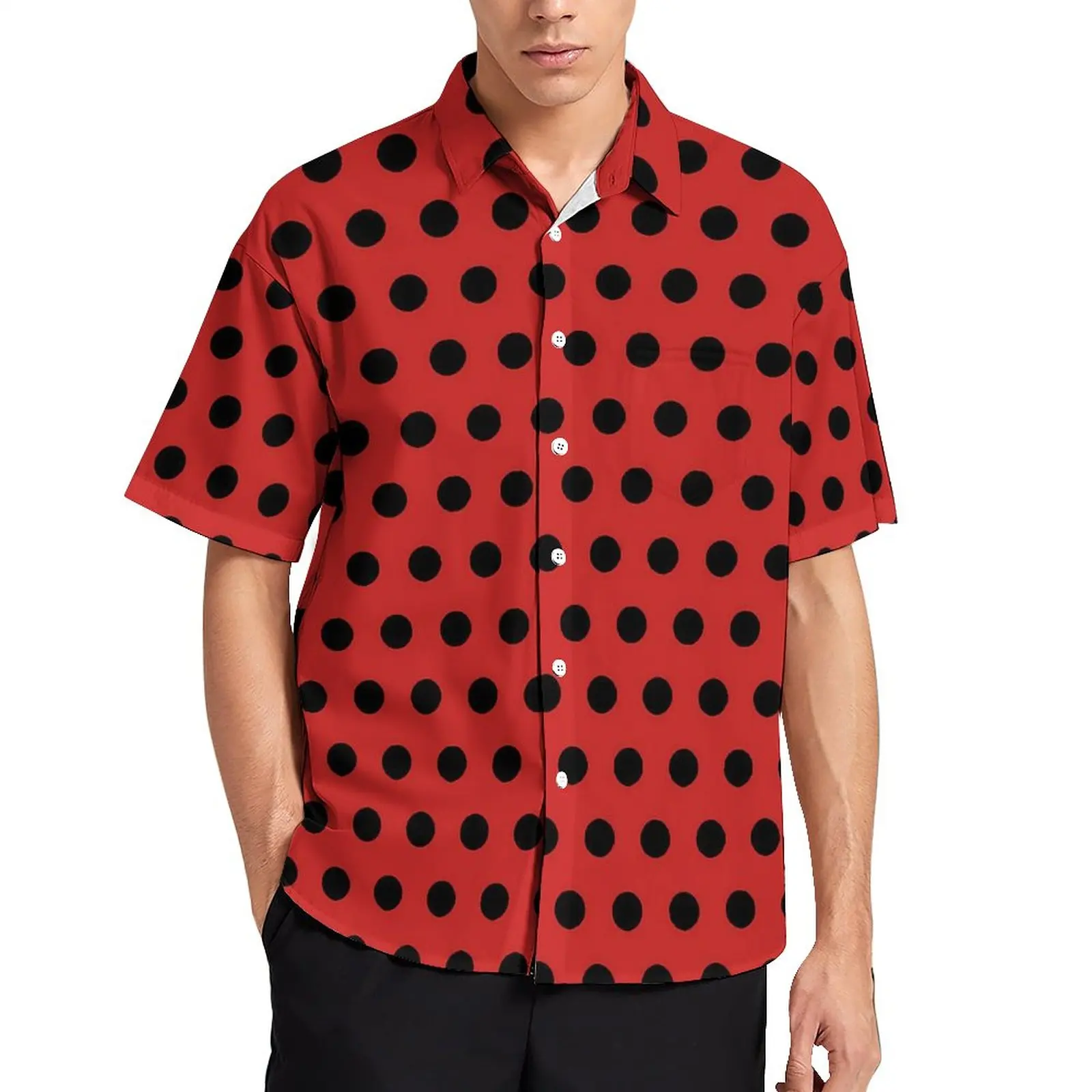 

Retro Polka Dots Blouses Men Red and Black Casual Shirts Hawaiian Short Sleeve Vintage Oversized Vacation Shirt Birthday Present