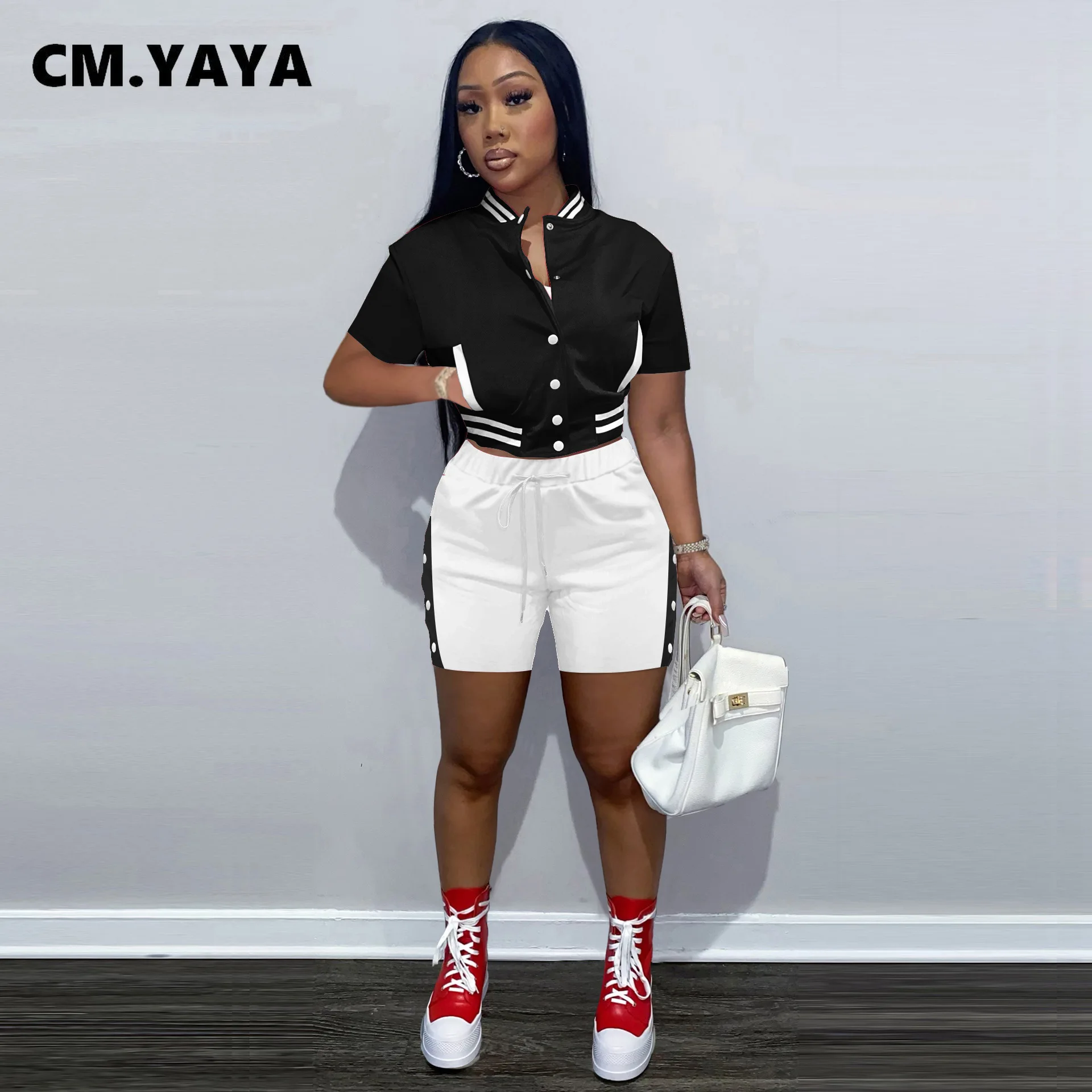 

Женский комплект для тренировок CM.YAYA, комплект из 2 предметов, бейсбольная куртка с коротким рукавом и шорты для бега, базовый спортивный кос...