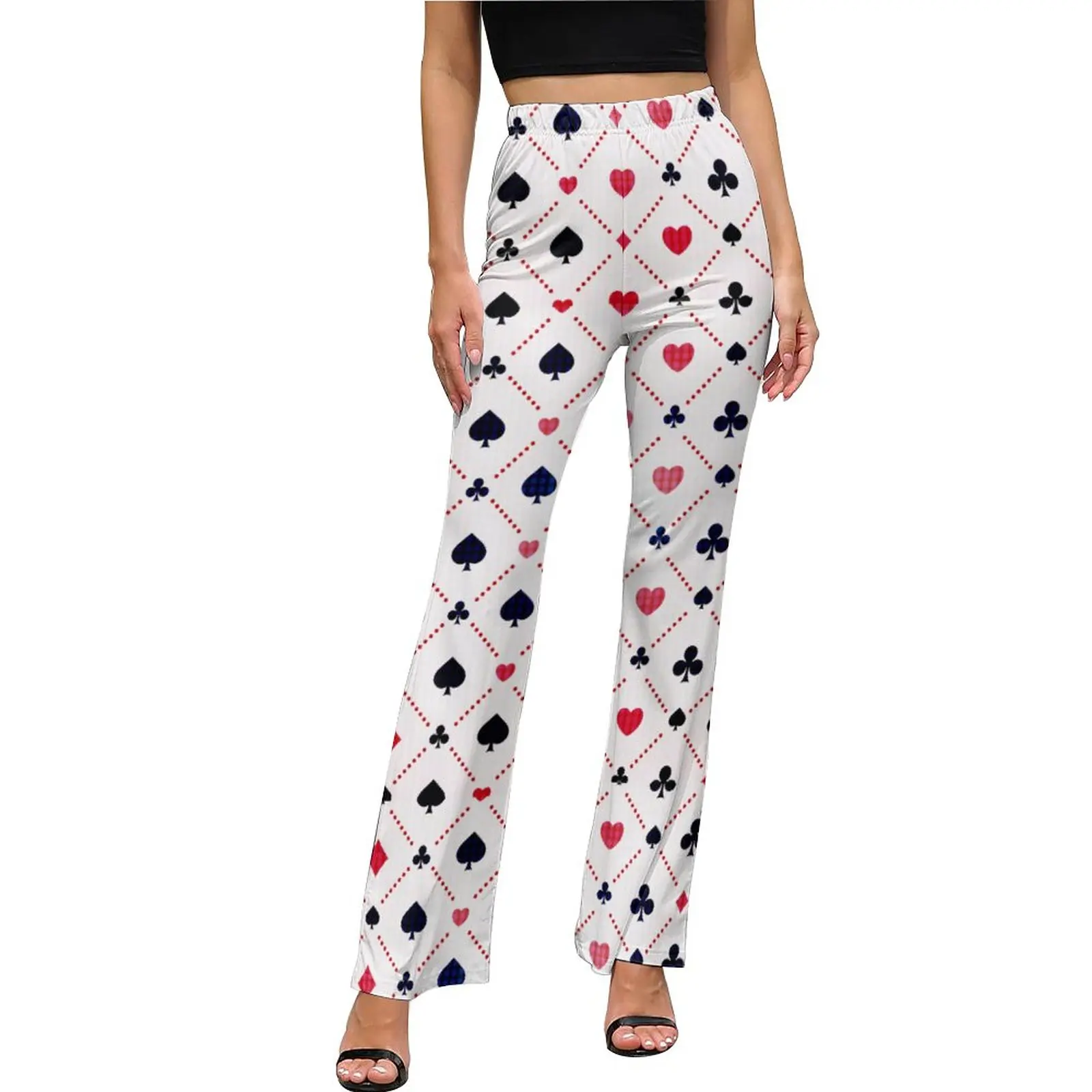 Poker Card Heart Pants Playing High Waisted New Year Printed Flare Women Curvy Trouser |