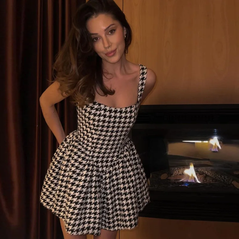 

Женское Плиссированное мини-платье hirigin, летнее элегантное Клубное платье трапециевидной формы с принтом «гусиные лапки» на бретелях, 2022