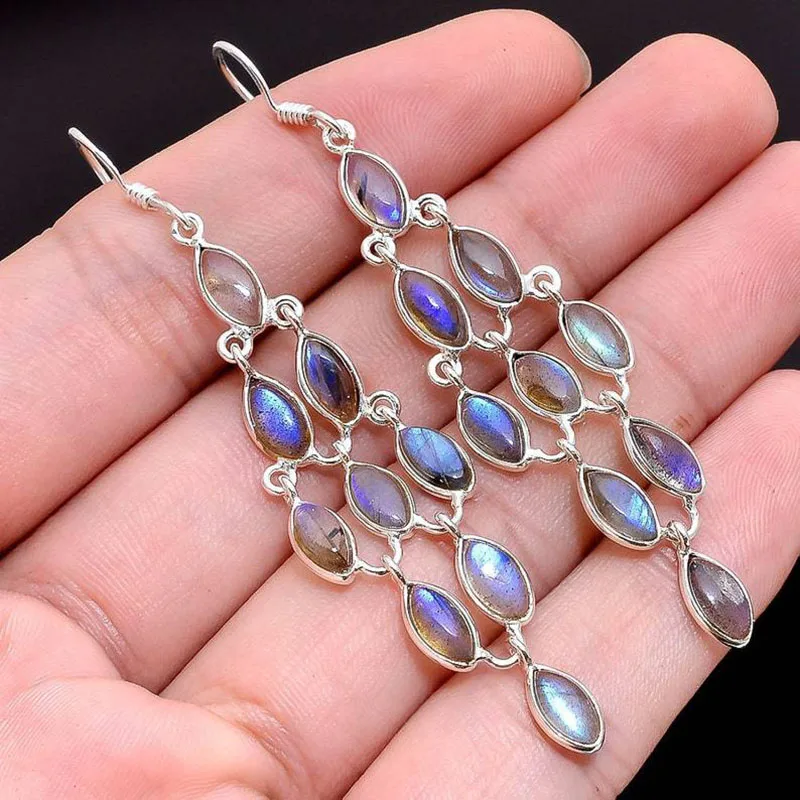 

Gorgeous Moonstone Stone Long Tassel Earrings Ladies Charms Jewelry Leaves Dangle Earrings For Women Gift