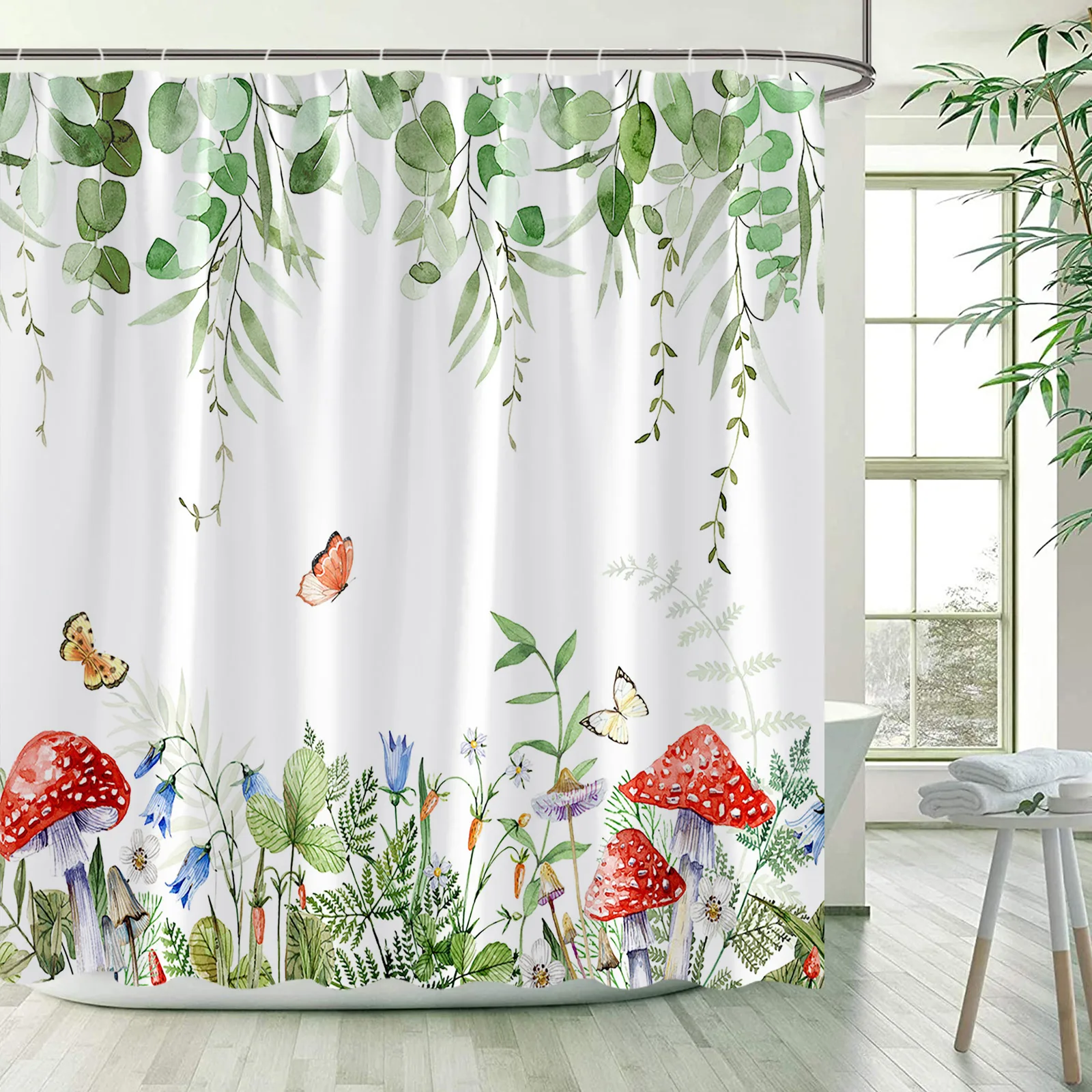 

Занавеска для душа с изображением листьев растений, бабочки, красных грибов, зеленых листьев, цветов, занавеска для ванны, минималистичный т...