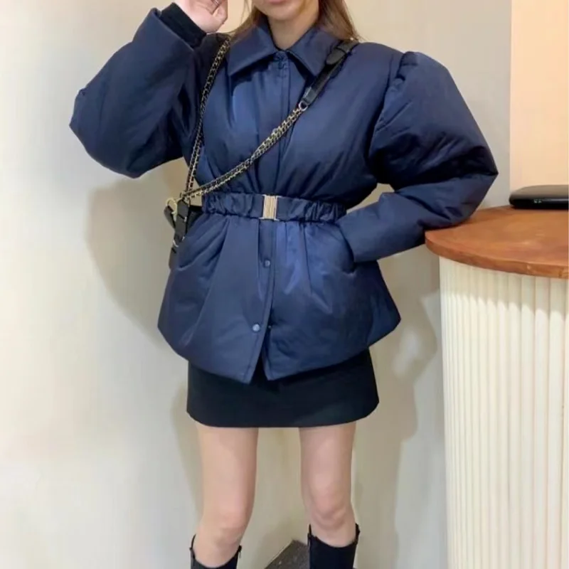 Autumn and Winter Puff Sleeve Waist Parka Coat Retro Lapel Tie Short Casual Bread Jacket Elegant Temperament Cotton Jacket