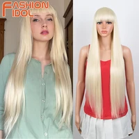 long straight hair synthetic ombre blonde wigs with bangs 36 inch cosplay party lolita heat resistant synthetic wig for women