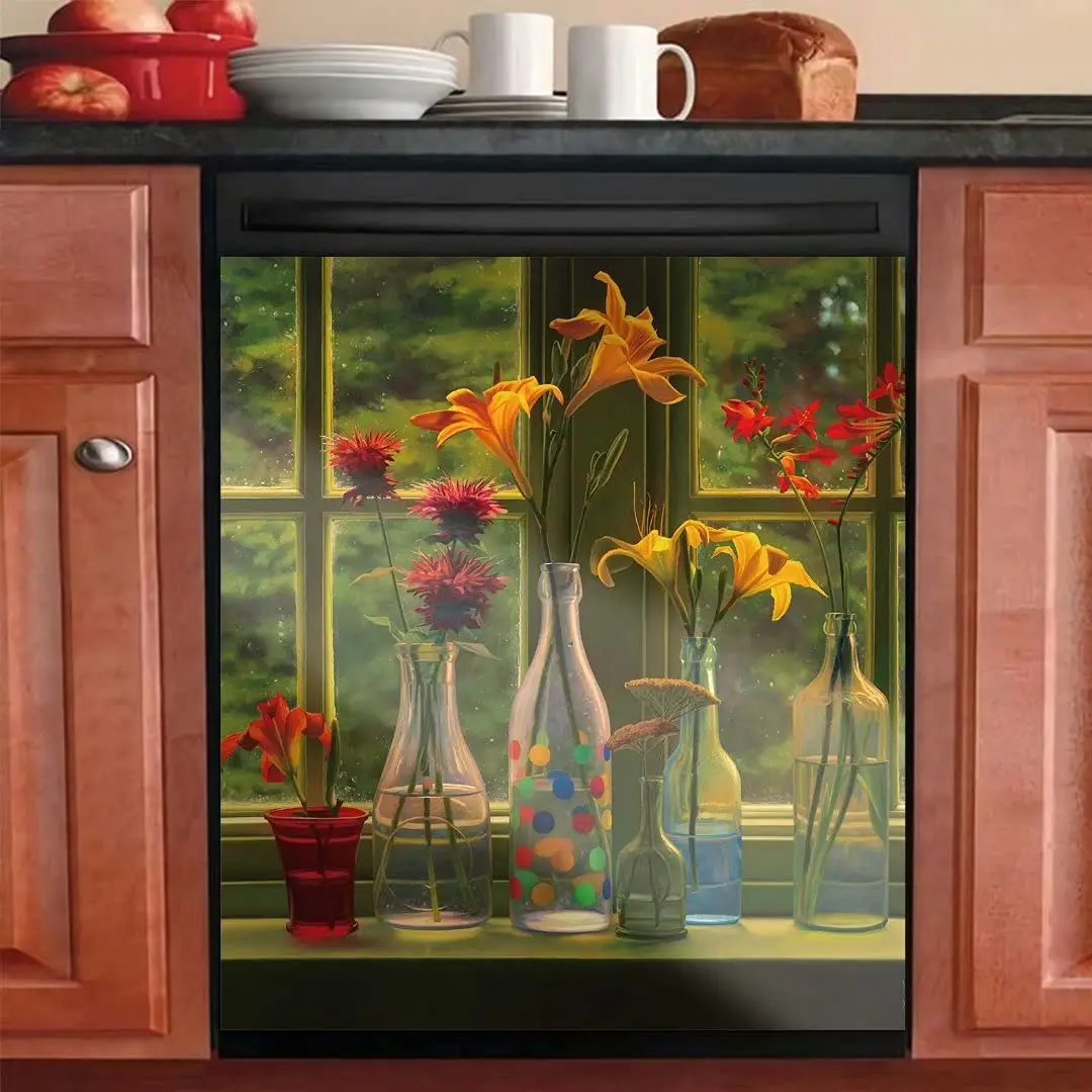 

Little Fresh Style Kitchen Dishwasher Sticker,Floral Decor Decal Washers Sticker,Windowsill Glass Vase Decorative for R