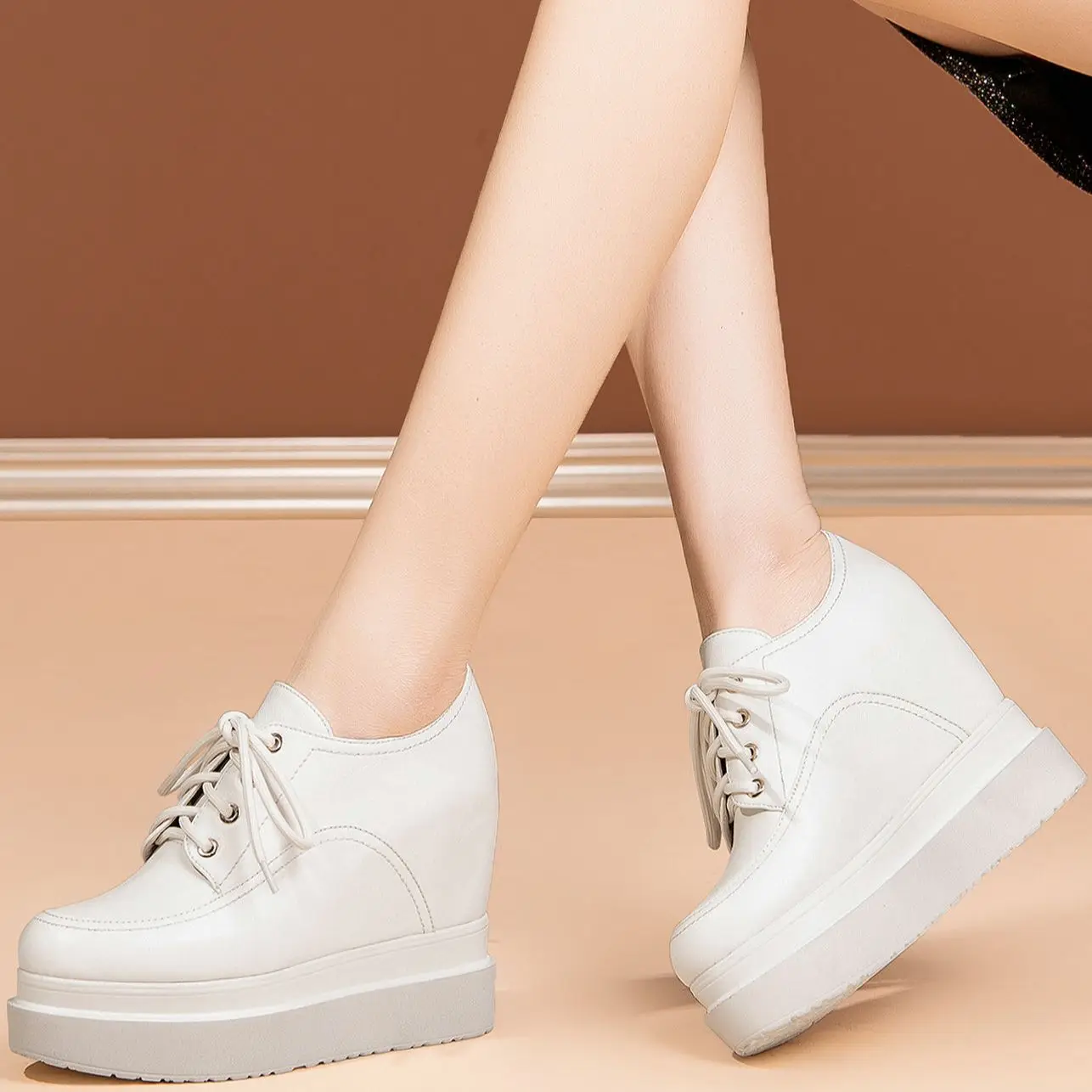 Punk Goth Hidden Wedge Ankle Boots Women's Lace Up Genuine Leather Round Toe High Heels Thick Sole Creeper Shoe Punk Goth