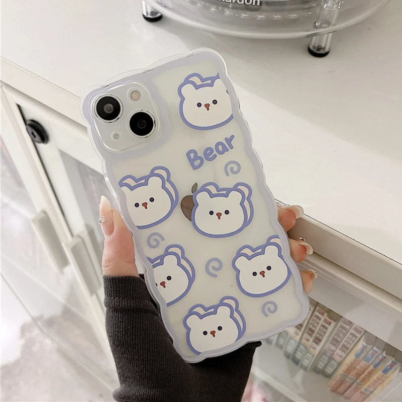 

Cute Blue Bear Wave Border Clear Phone Case For iPhone 13 11 12 Pro Max X XR XS Max 13MINI 7 8Plus Shockproof Cartoon Soft Cover
