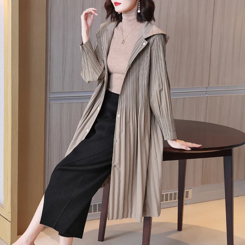 

Miuake Pleated Trench Coat for Women 2022 New Autumn Long Sleeve Hood Single-Breasted Stylish Loose Plus Size Casual Trench Coat