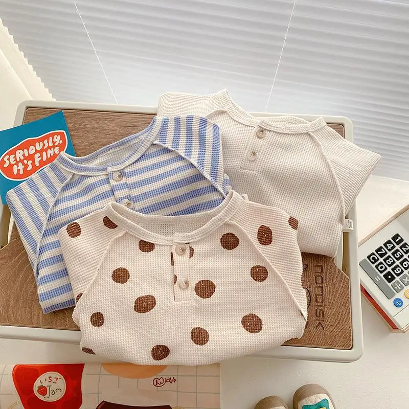 

2022 Autumn Waffle Baby Clothes Boys Ribbed T-Shirt Cotton Toddler Long Sleeve Striped TShirt Girls Casual Tees Kids Sweatshirts