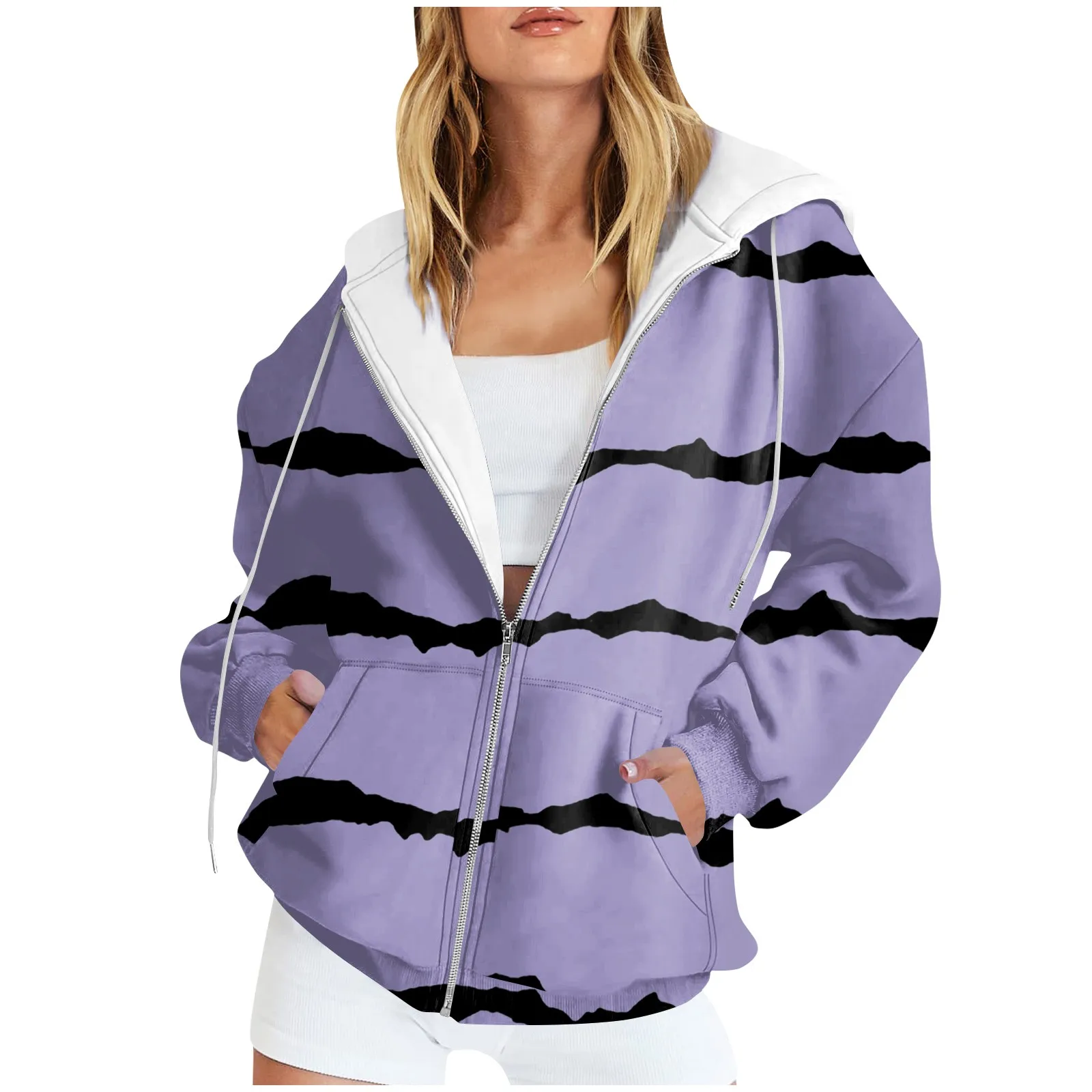 

2023 Autumn Sweatshirt Long Sleeve Pocket Zipper Casual Women Jacket Hooded Women's Striped Sweat Shirts For Women