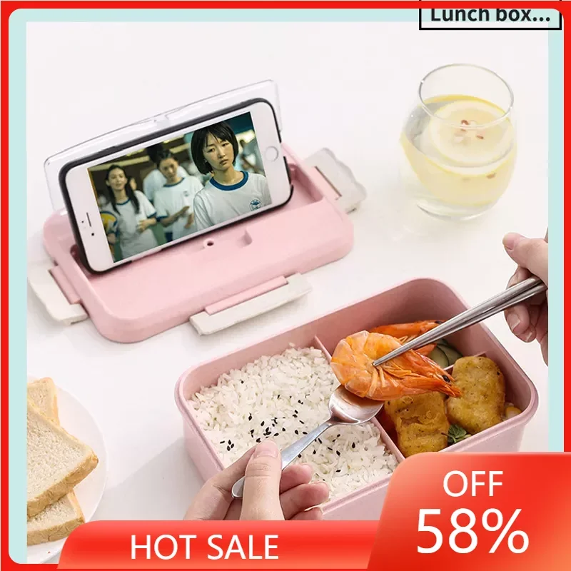 

Microwave Lunch Box Wheat Straw Dinnerware with Spoon Chopsticks Food Storage Container Children Kids School Office Bento Box